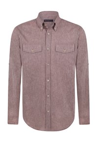 Camisa de manga larga y botones en una tela texturizada de color malva claro. Presenta dos bolsillos en el pecho y un cuello clásico con detalles de botones.