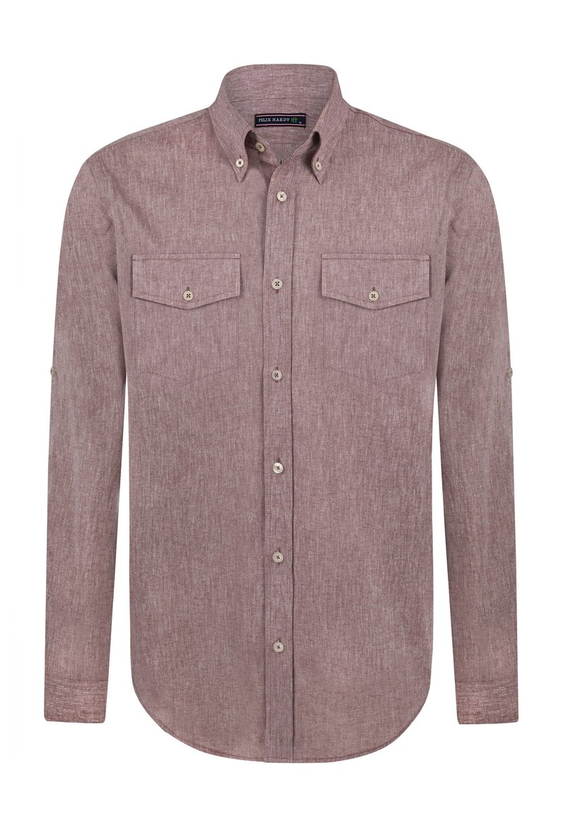 Camisa de manga larga y botones en una tela texturizada de color malva claro. Presenta dos bolsillos en el pecho y un cuello clásico con detalles de botones.