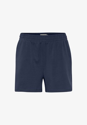 Sötétkék nadrág rövidszárú, puha anyagból készült, elasztikus derékkal és egyszerű, díszítés nélküli dizájnnal.