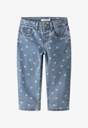 Light blue toddler jeans with white heart patterns, front button, zipper, belt loops, and three front pockets.
