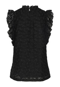 Μαύρη μπλούζα με υφασμάτινο σχέδιο, ριγωτά μανίκια και διάκοσμο στην πλάτη σε σχήμα κλειδαρότρυπας. Κατασκευασμένη από ελαφρύ ύφασμα για αναπνοή.