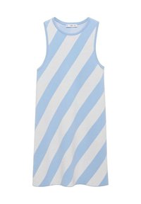 Robe sans manches à rayures bleu clair et blanc. Fabriquée en tissu doux avec un col rond. Design simple avec des motifs verticaux sur toute la surface.