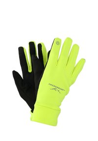 Twee handschoenen: de ene kant in fel neon geel stof, de andere in zwart. Voorzien van een siliconen grippatroon en een logo op de manchet.