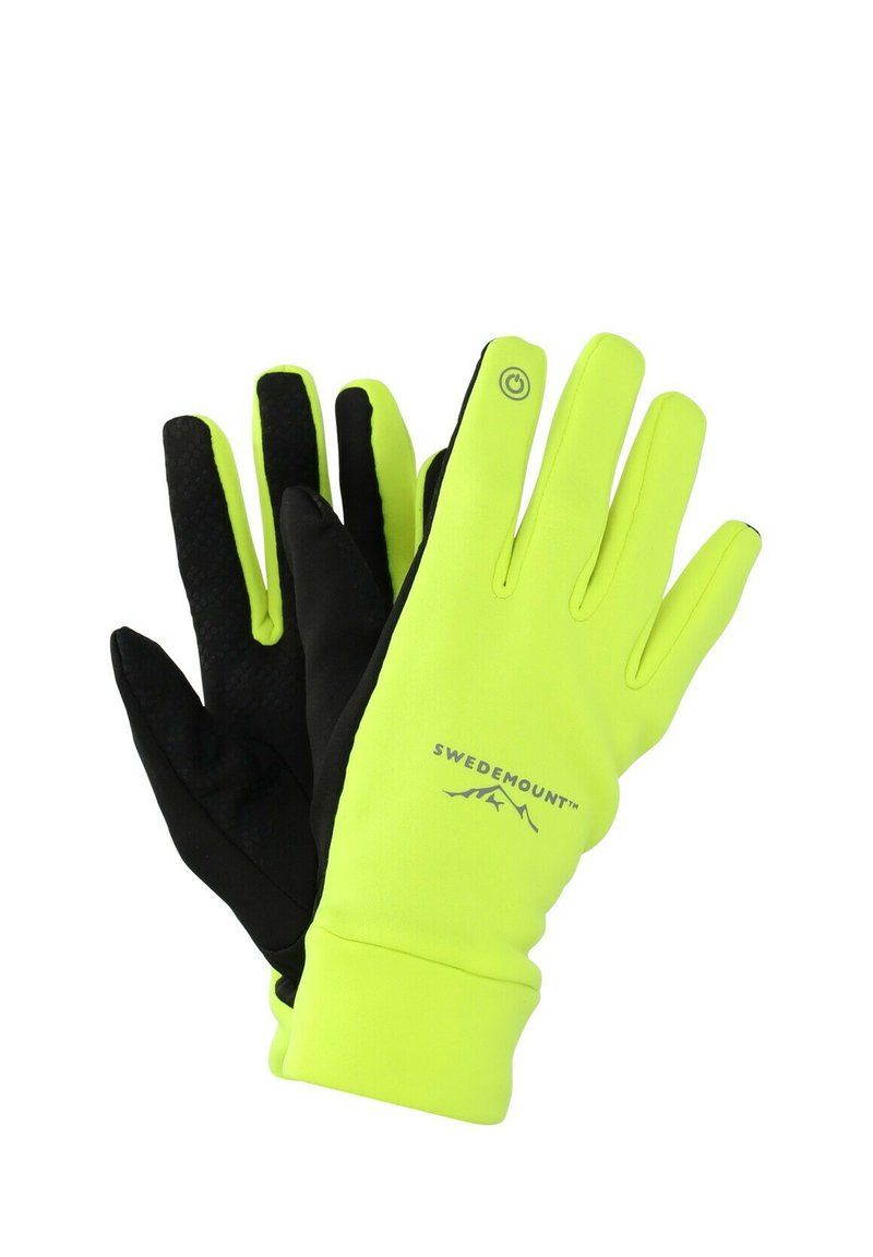 Twee handschoenen: de ene kant in fel neon geel stof, de andere in zwart. Voorzien van een siliconen grippatroon en een logo op de manchet.