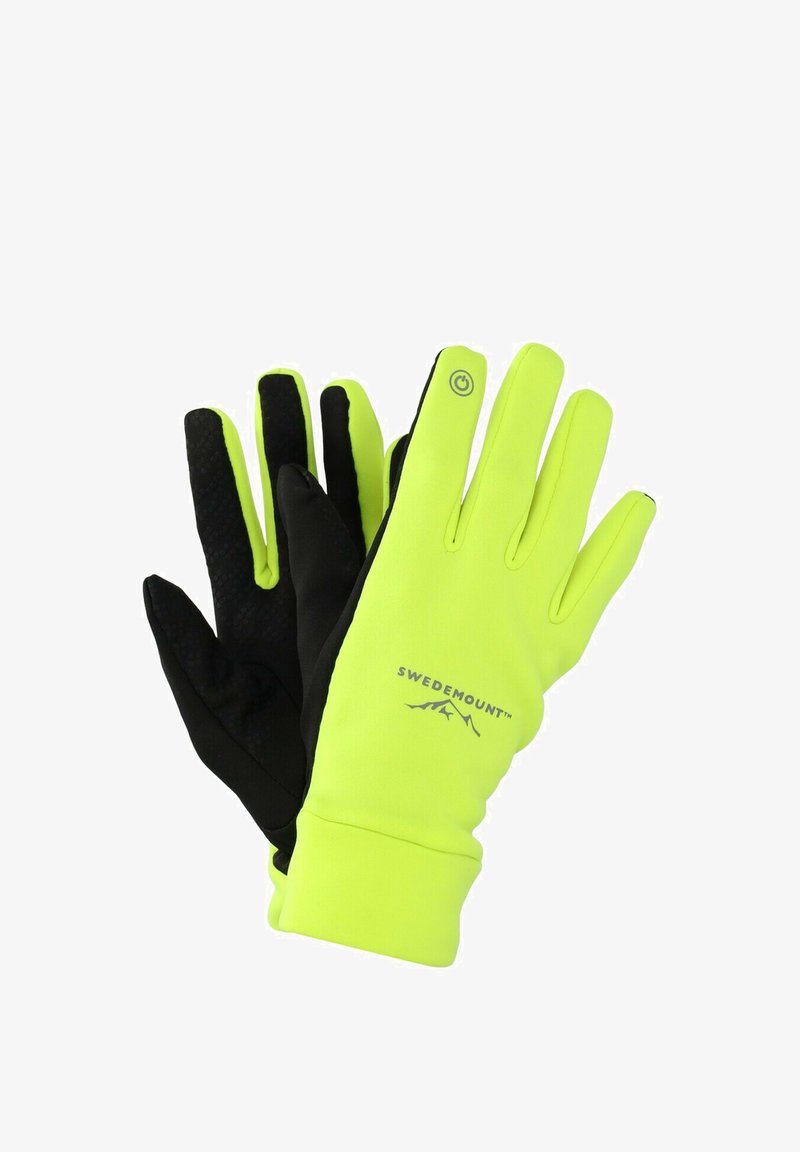 Twee handschoenen: de ene kant in fel neon geel stof, de andere in zwart. Voorzien van een siliconen grippatroon en een logo op de manchet.