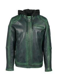 Zelená kožená bunda s černou kapucí. Obsahuje zip na přední straně, náprsní kapsu a kontrastní švy. Hladký povrch.