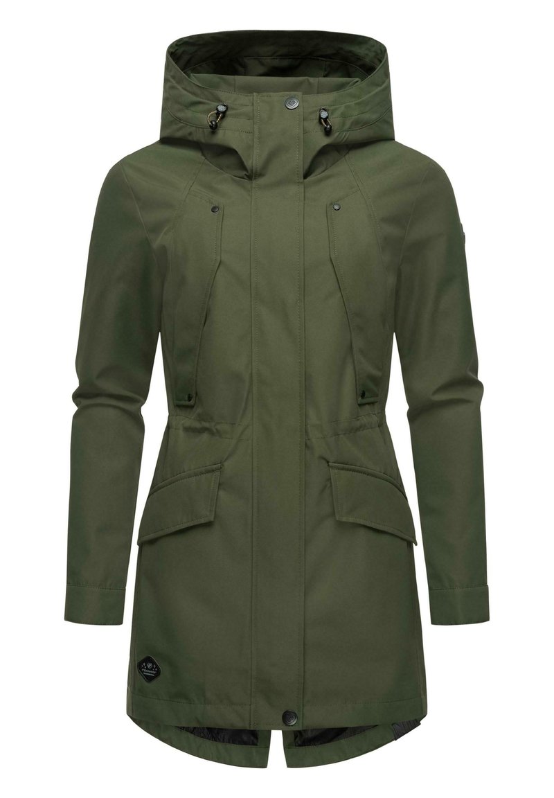 Olijfgroene waterdichte parka met een capuchon, voorzien van twee grote voorzakken, verstelbare manchetten en een ritssluiting aan de voorkant.