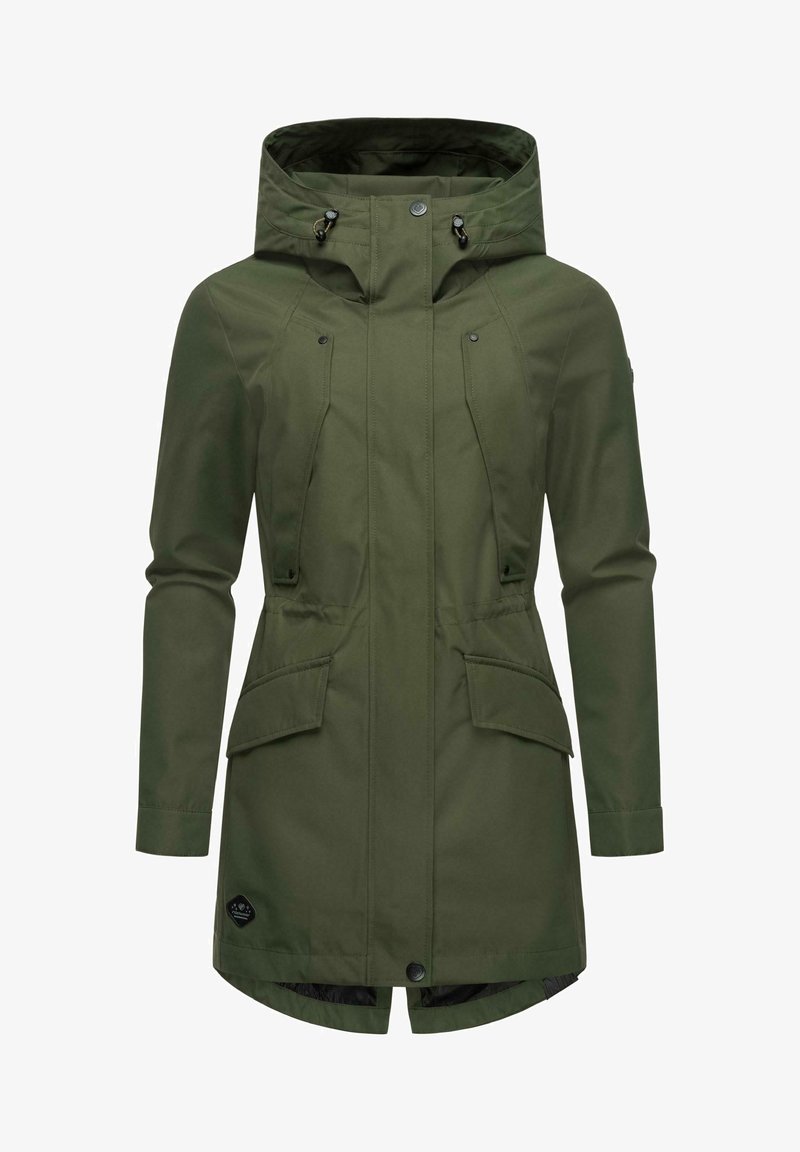 Olijfgroene waterdichte parka met een capuchon, voorzien van twee grote voorzakken, verstelbare manchetten en een ritssluiting aan de voorkant.