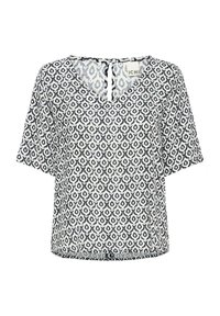 Blouse à manches courtes en tissu léger, avec un col en V, présentant un motif géométrique bleu marine et blanc, et une ouverture au dos à boutons.
