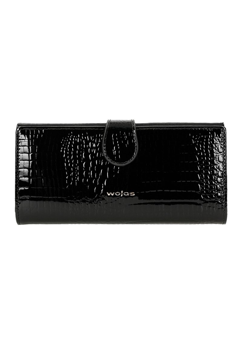 Černá lakovaná peněženka s krokodýlí texturou, s klenutým uzávěrem a vyraženým logem značky. Kompaktní a obdélníkový design.