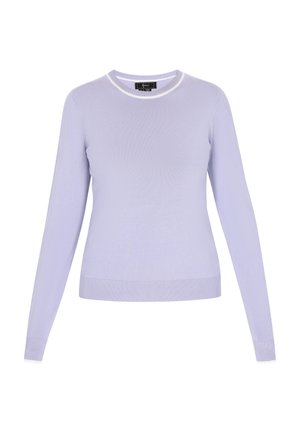 Svijetloljubičasti pulover s dugim rukavima, okruglim izrezom i bijelim rubovima na ovratniku i manžetama. Pleteni materijal s glatkom teksturom.