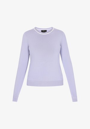 Svijetloljubičasti pulover s dugim rukavima, okruglim izrezom i bijelim rubovima na ovratniku i manžetama. Pleteni materijal s glatkom teksturom.