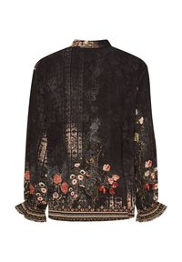 Langærmet skjorte i mørkt stof med blomster mønstre i pink, hvid og rød. Volangmanchetter og detaljeret udsmykning langs kanten.