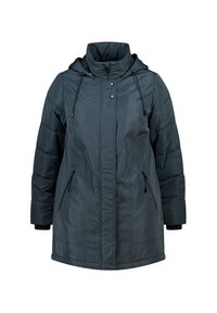 Donkerblauwe gewatteerde jas met een hoge kraag, verstelbare trekkoorden, ritszakken aan de zijkant en geribbelde manchetten. Glad, glanzend materiaal.