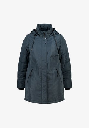 Donkerblauwe gewatteerde jas met een hoge kraag, verstelbare trekkoorden, ritszakken aan de zijkant en geribbelde manchetten. Glad, glanzend materiaal.