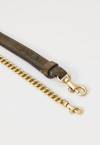 Leather strap in dark brown with a suede texture, featuring a gold chain and metal hardware with lobster claw clasps.