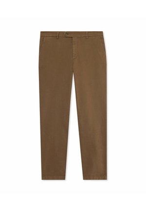 Chino in cotone marrone con design slim fit, dotato di zip e chiusura a bottone, e tasche laterali. Texture liscia e gambe dritte.