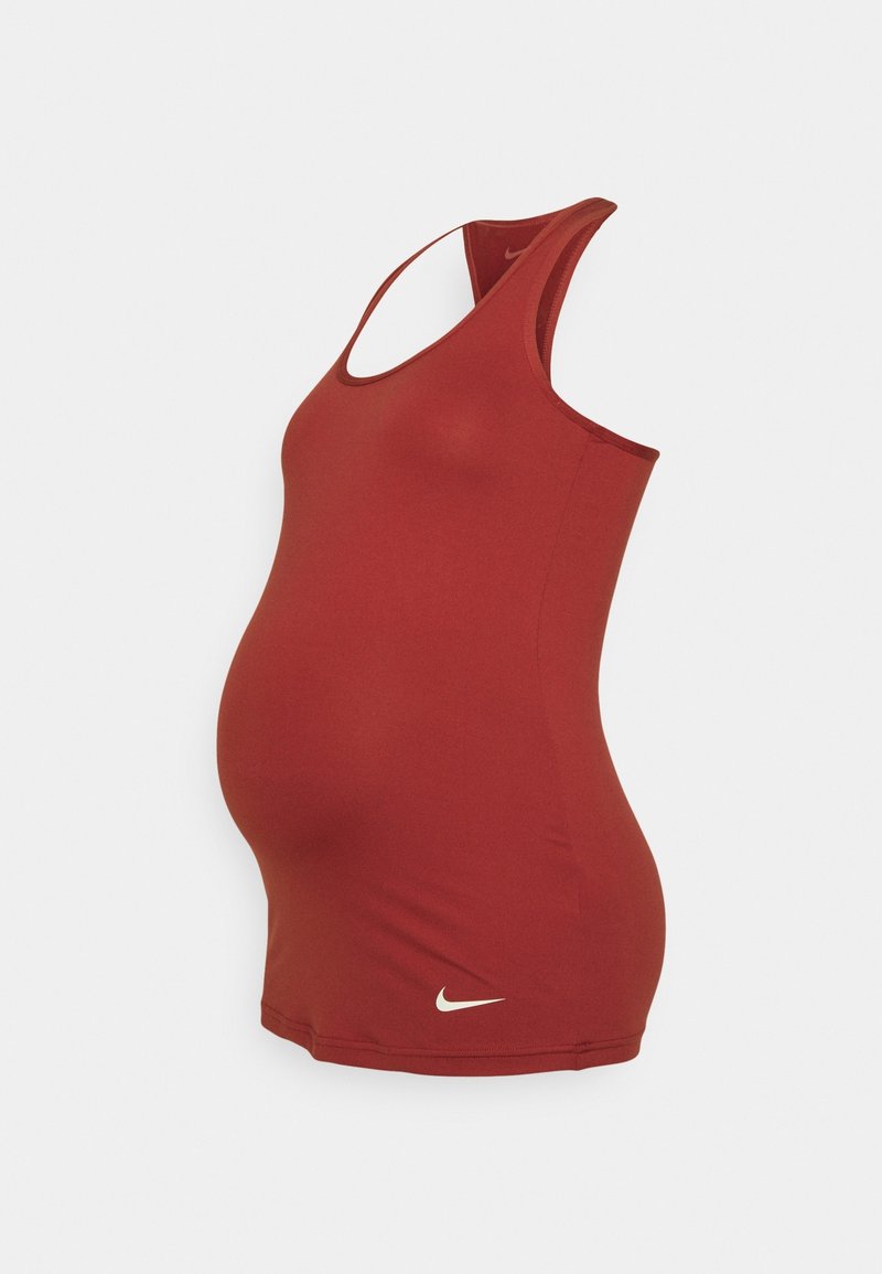 Débardeur de sport rouge en tissu extensible, avec un col arrondi et un logo latéral crème. Conçu pour une coupe ajustée et confortable.