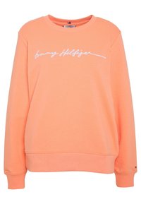 Oranje sweatshirt met lange mouwen, geribbelde manchetten en zoom. Voorzien van witte geborduurde tekst "tommy Hilfiger" op de voorkant.