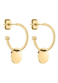 Goldene Creolen mit einem dünnen kreisförmigen Design, einem soliden kreisförmigen Akzent am Boden und einem kleinen Ball-Detail oben.