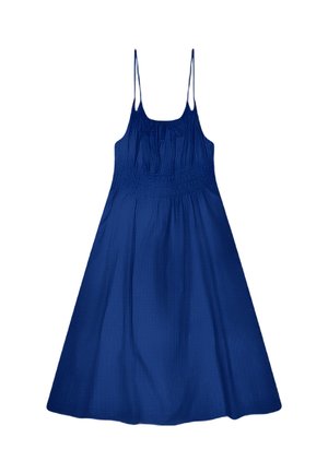 Blue sleeveless midi dress with thin straps, smocked bodice, and flared skirt.