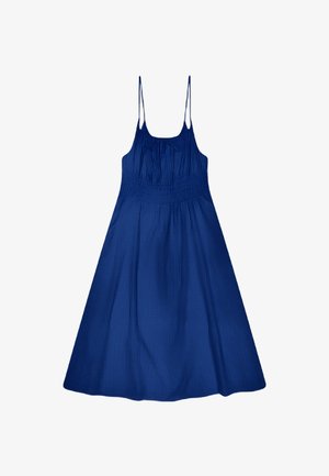 Blue sleeveless midi dress with thin straps, smocked bodice, and flared skirt.