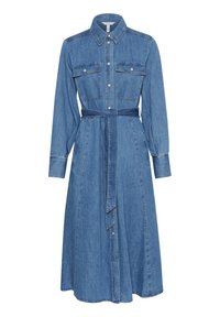 Denim-mekko, jossa on pitkät hihat, kauluspäällyste, kaksi rintataskua, vyötärönauha ja suora helma. Vaaleansininen väri.