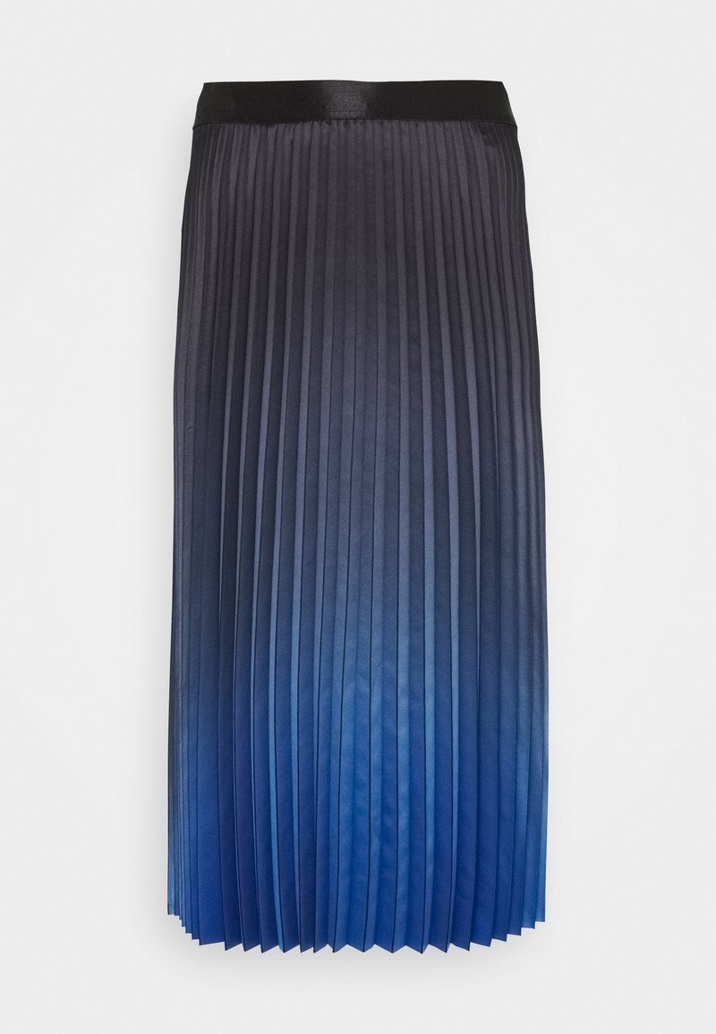 Jupe plissée avec une taille en satin noir, présentant un dégradé du bleu foncé au bleu clair. Texture lisse avec des plis verticaux.