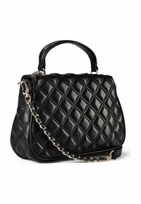 Sac à main en cuir matelassé noir avec une forme structurée, une poignée supérieure et une bandoulière chaîne amovible. Caractéristiques : texture lisse et ferrures polies.