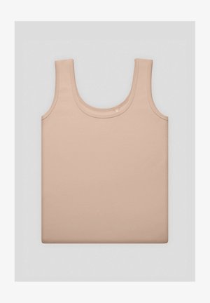 Beżowy top na ramiączkach wykonany z miękkiego materiału, z okrągłym dekoltem i szerokimi ramiączkami, o gładkiej, jednolitej teksturze i bez widocznych wzorów.