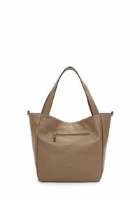 Tan leren tote bag met een gladde textuur, één verstelbare band en een voorzak met rits. Heeft een zachte, afgeronde vorm.