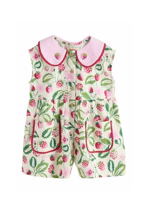Ärmelloser Baby-Overall mit rosa Blumen- und Erdbeermuster, großem rosa Kragen mit Erdbeer-Stickerei, Holzknöpfen und Fronttaschen.