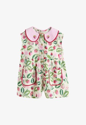 Ärmelloser Baby-Overall mit rosa Blumen- und Erdbeermuster, großem rosa Kragen mit Erdbeer-Stickerei, Holzknöpfen und Fronttaschen.