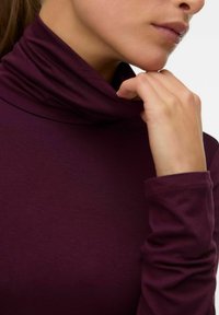 Bordeaux coltrui gemaakt van zachte stof, met een hoge kraag en aangesloten mouwen, een gladde textuur en minimale stikdetails.