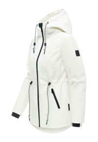 Giacca bianca con cappuccio, cerniera nera, coulisse regolabili, tasche con cerniera e toppa con logo sulla manica sinistra.