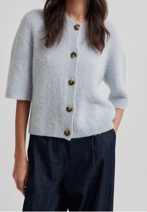 Light blue knit cardigan with short sleeves, featuring five dark brown buttons, ribbed hem, and a soft, fuzzy texture.