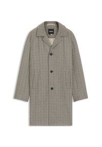 Cappotto a scacchi in tonalità di grigio e marrone, con colletto a punta, tre bottoni e tasche laterali. Il materiale sembra liscio con un design strutturato.