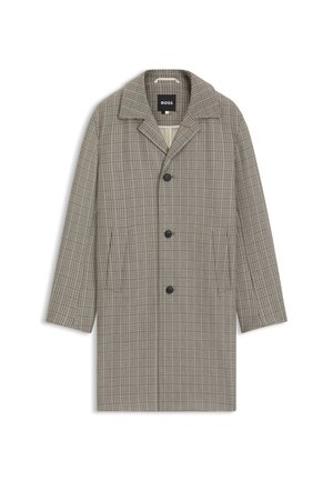 Rutig kappa i grå och brun ton, med slagkrage, tre knappar och sidofickor. Materialet verkar slätt med en strukturerad design.