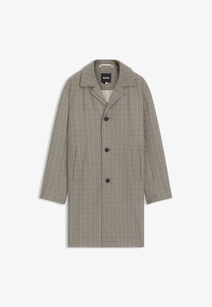 Karovaná bunda v šedých a hnedých odtieňoch, s vystrihom do "V", tromi gombíkmi a bočnými vreckami. Materiál vyzerá hladko s konštrukčným dizajnom.