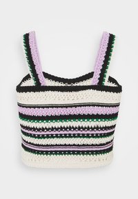 Haut en crochet avec de larges bretelles, se composant de rayures horizontales noires, blanches, lavande et vertes. Motif texturé avec une forme carrée.