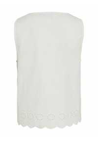 Hvit ermeløs topp med scalloped nederkant og eyelet-detaljer, laget av lett stoff. Glatt tekstur med rund halslinning.