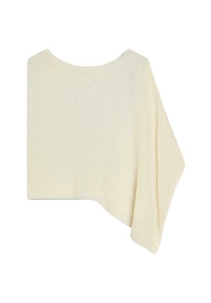 Poncho tricoté crème asymétrique avec un large décolleté et une seule manche drapée sur le côté.