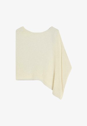 Asymmetrische crèmekleurige gebreide poncho met een brede halslijn en een enkele gedrapeerde zijarm.