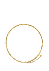 Collana in oro con maglie intrecciate, dotata di un gancio e di una catena di estensione regolabile. Texture metallica liscia, forma circolare.