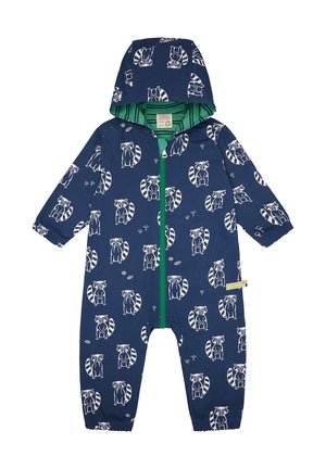Marineblauwe eendraads pak met wasbeerpatronen, groene accenten en een ritssluiting aan de voorkant. Het heeft een capuchon en elastische manchetten voor een comfortabele pasvorm.