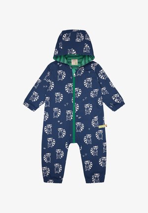 Marineblauwe eendraads pak met wasbeerpatronen, groene accenten en een ritssluiting aan de voorkant. Het heeft een capuchon en elastische manchetten voor een comfortabele pasvorm.