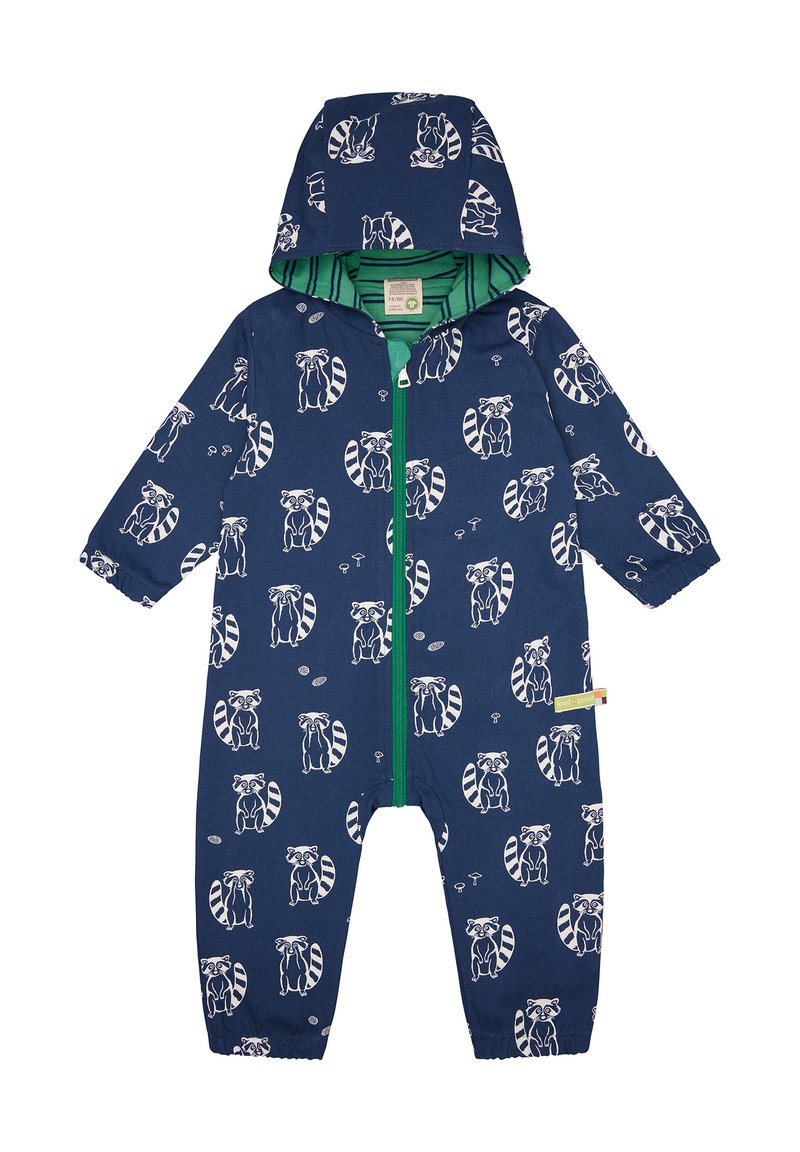 Marineblauer Einteiler mit Waschbärmuster, grünen Akzenten und einem Reißverschluss vorne. Verfügt über eine Kapuze und elastische Bündchen für eine enge Passform.