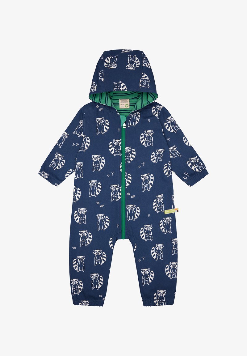 Marineblauer Einteiler mit Waschbärmuster, grünen Akzenten und einem Reißverschluss vorne. Verfügt über eine Kapuze und elastische Bündchen für eine enge Passform.