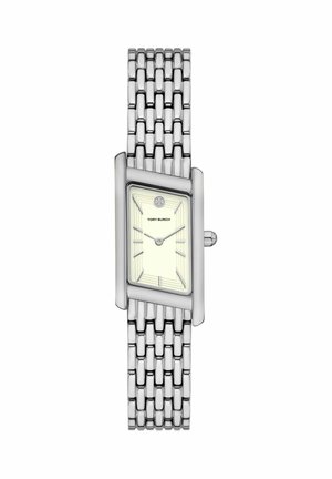 Sølv rektangulært Tory Burch armbåndsur med sammenkædet metalrem og minimalistisk cremefarvet urskive, der viser kl. 10:09.