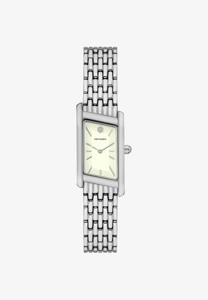 Montre-bracelet rectangulaire argentée Tory Burch avec bracelet métallique en maillons et cadran crème minimaliste affichant l'heure 10h09.